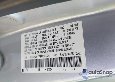 2009 Honda Accord 2.4 Ex from USA, damaged, VIN 1HGCP26779A031036